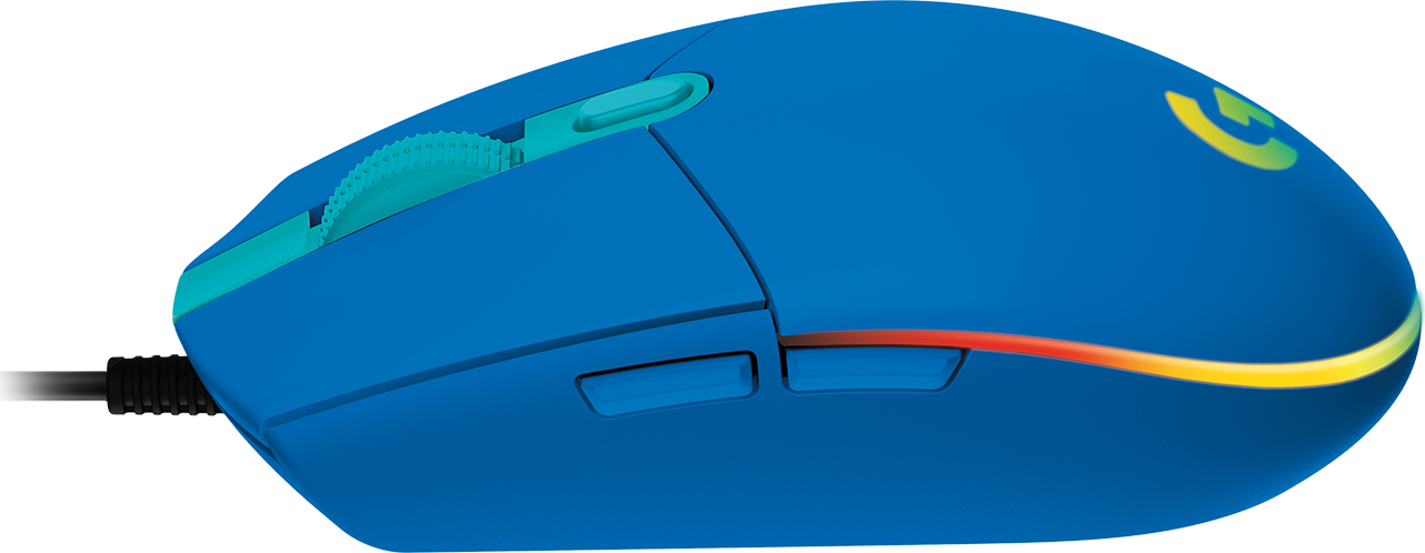 A blue gaming mouse with turquoise accents, side buttons, a glowing logo, and an RGB light strip.