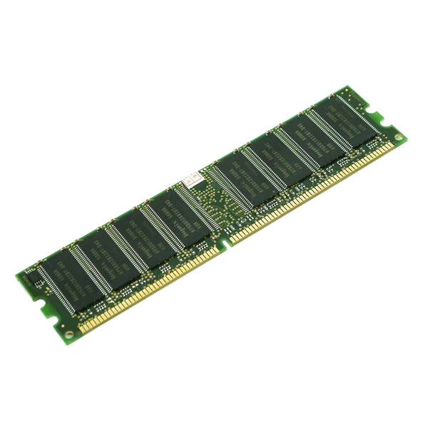 Modulo di memoria RAM verde con chip neri su sfondo bianco.