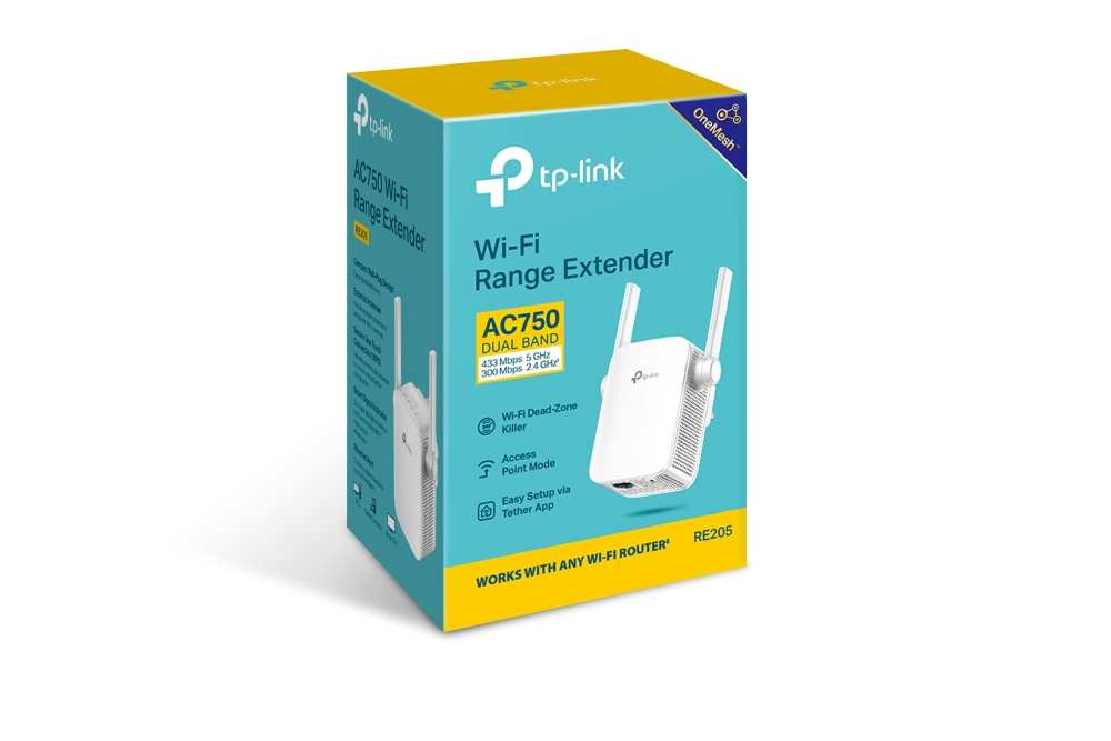 Eine türkisfarbene und gelbe TP-Link AC750 Wi-Fi Range Extender Produktverpackung auf weißem Hintergrund.