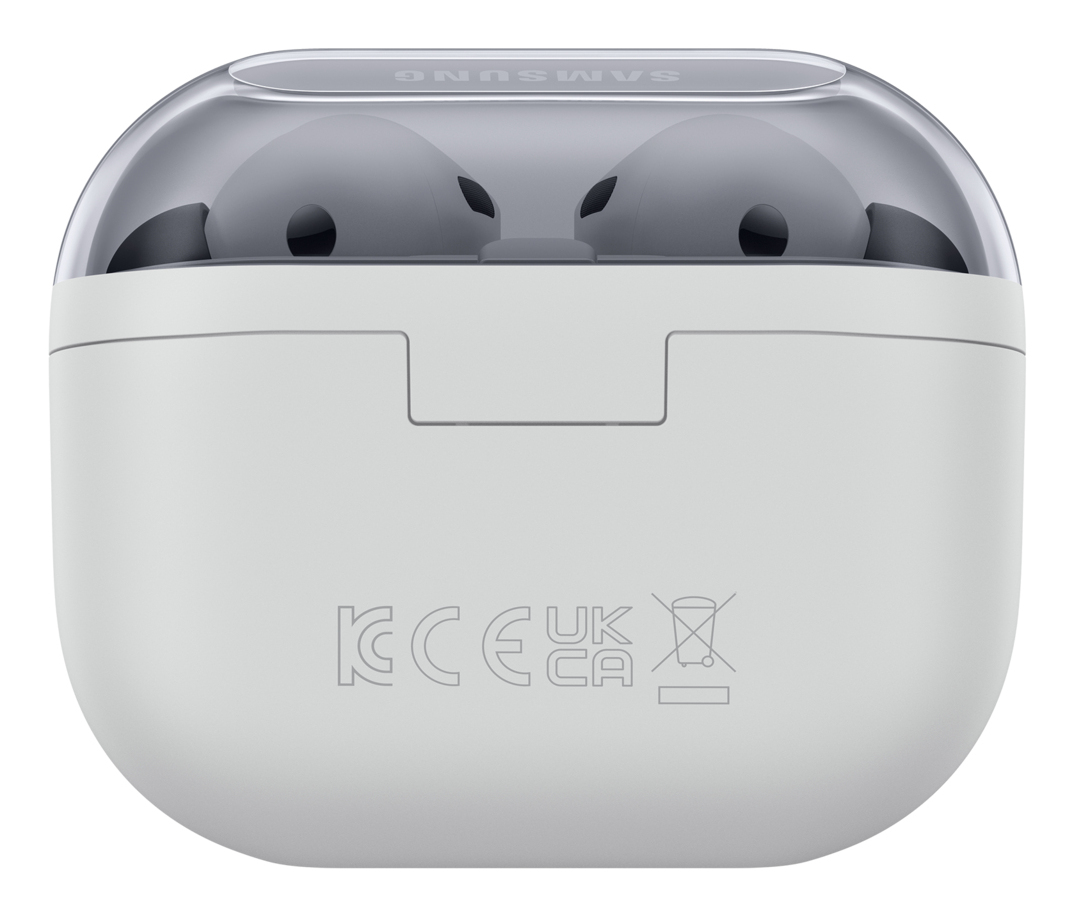 Weiße Samsung Galaxy Buds Ladecase mit durchsichtigem Deckel und sichtbaren Ohrhörern.