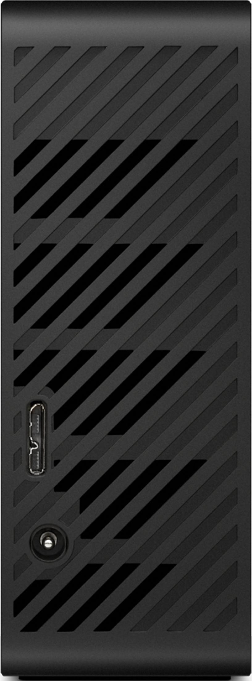 Black electronic device with diagonal ventilation slots, a USB port, and a power jack.