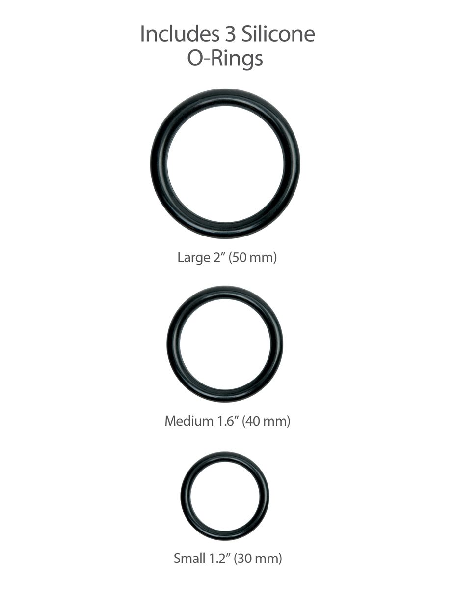 Drei schwarze Silikon-O-Ringe in verschiedenen Größen: groß (50 mm), mittel (40 mm) und klein (30 mm).