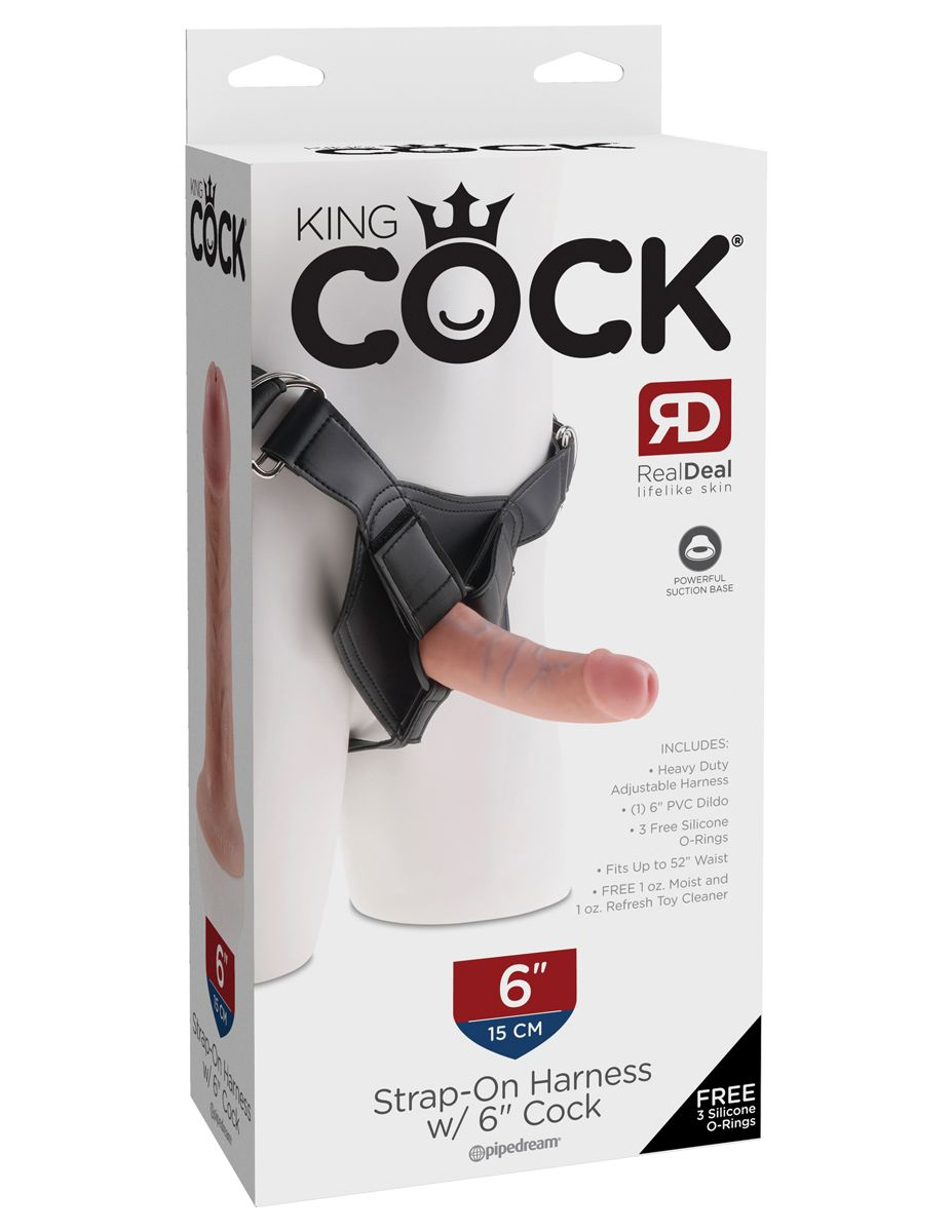 Produktverpackung für King Cock Strap-On-Harnisch mit 6-Zoll-Dildo auf weißem Hintergrund.