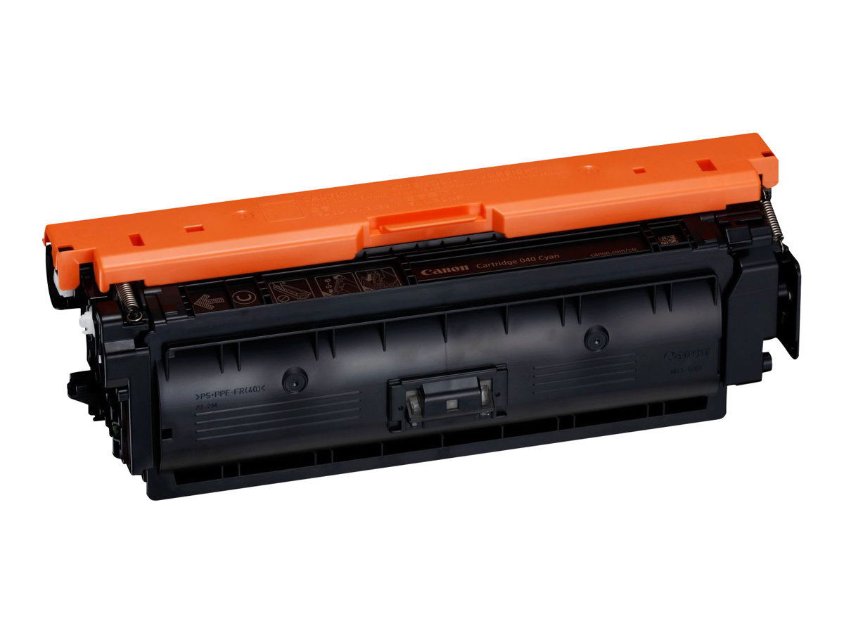 A black Canon cyan toner cartridge with an orange protective cover on top, isolated on white.