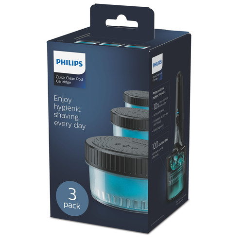 Scatola da 3 cartucce Philips Quick Clean Pod blu con immagine del prodotto.