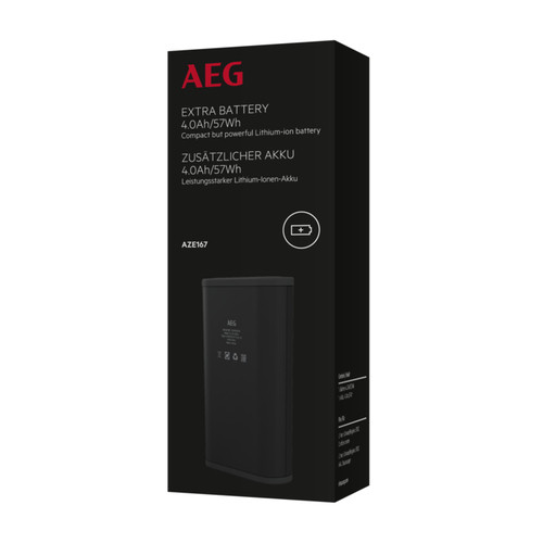Schwarze AEG Extra-Akku Verpackung mit technischen Daten und Bild der Batterie.