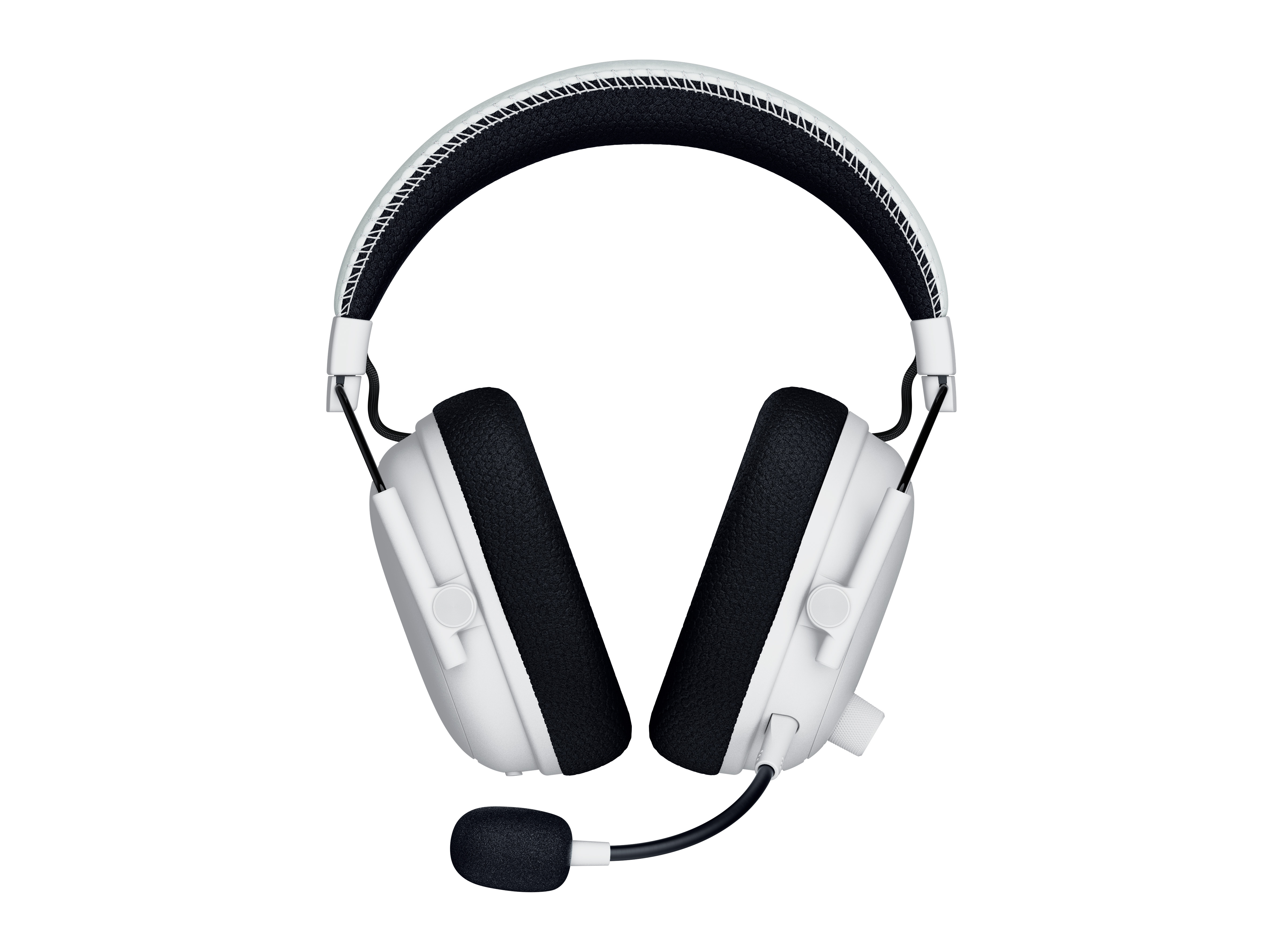 Cuffie da gaming over-ear bianche e nere con microfono, isolate su sfondo bianco.
