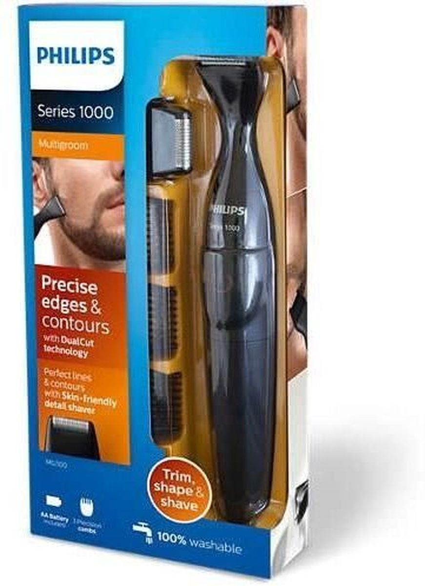 Caja azul y negra Philips Series 1000 Multigroom con recortadora y accesorios.
