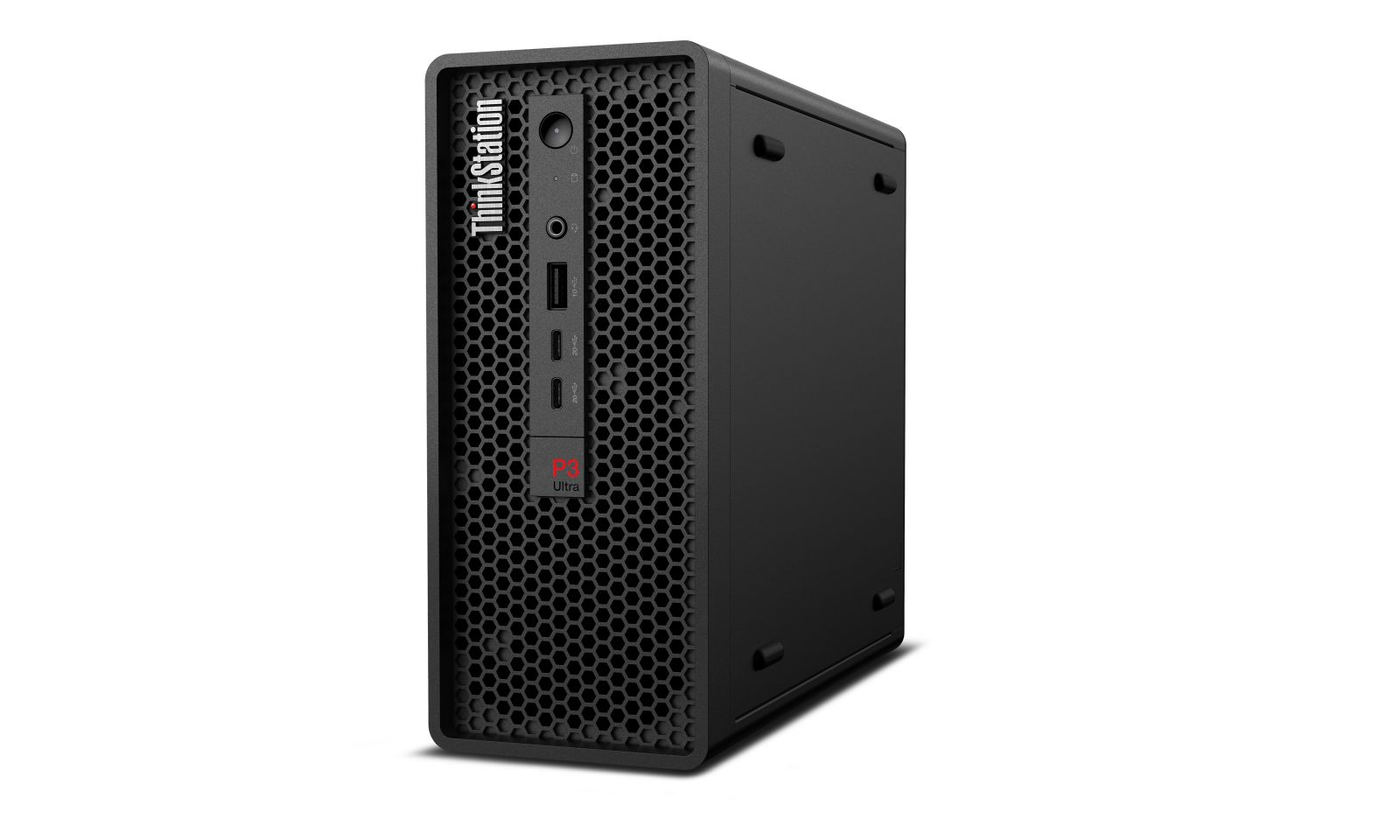 Schwarze ThinkStation P3 Ultra Workstation mit Wabenmuster an der Front.