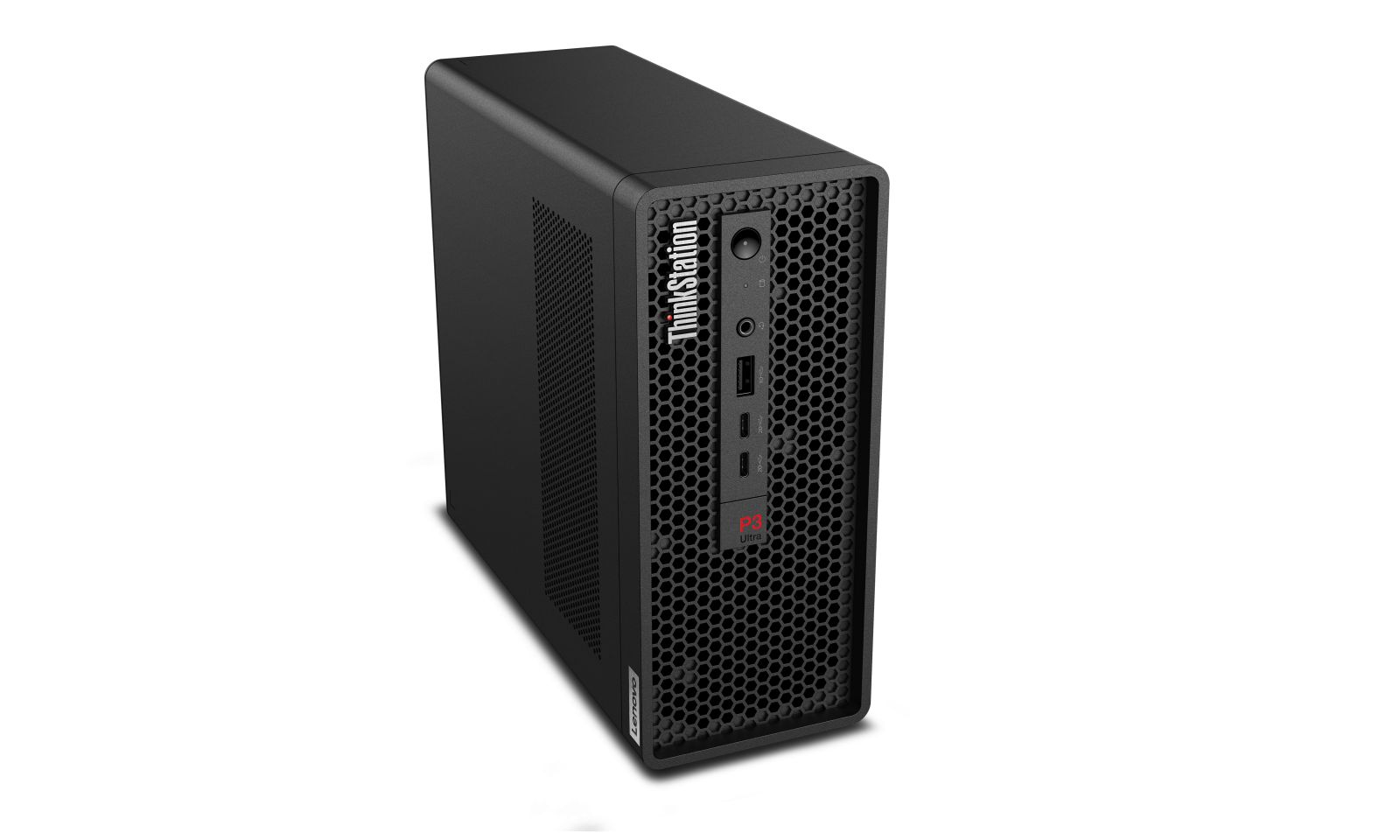 Ein schwarzer Lenovo ThinkStation P3 Ultra Desktop-Computer mit wabenförmiger Frontplatte vor weißem Hintergrund.