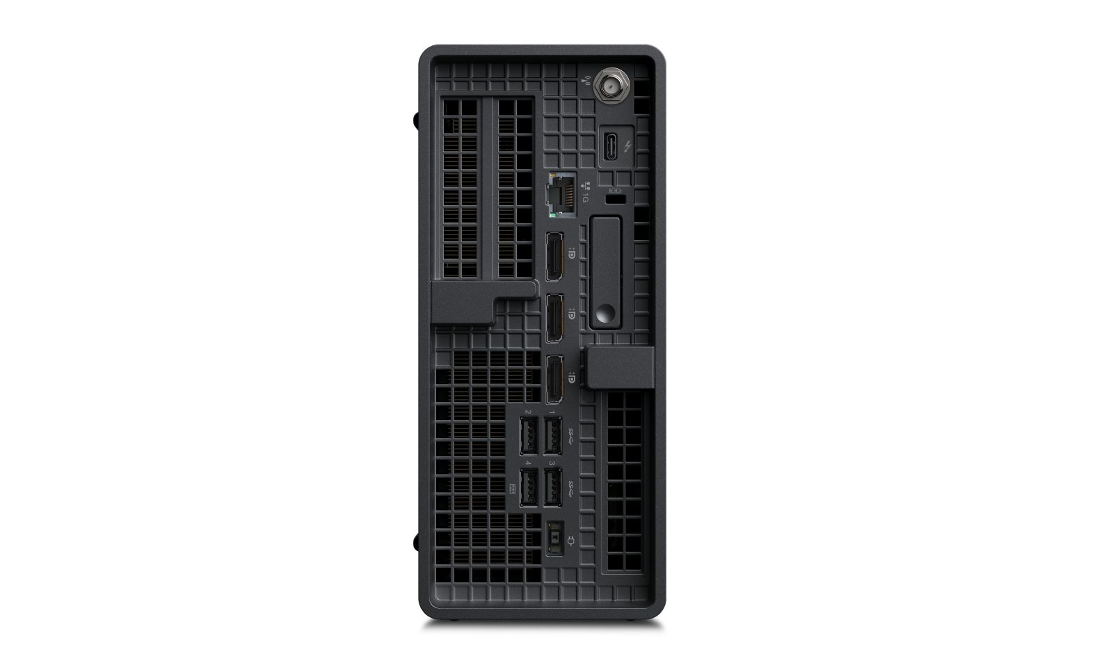 Rückseite eines schwarzen Desktop-PCs mit verschiedenen Anschlüssen, USB-Ports und Lüftungsschlitzen.