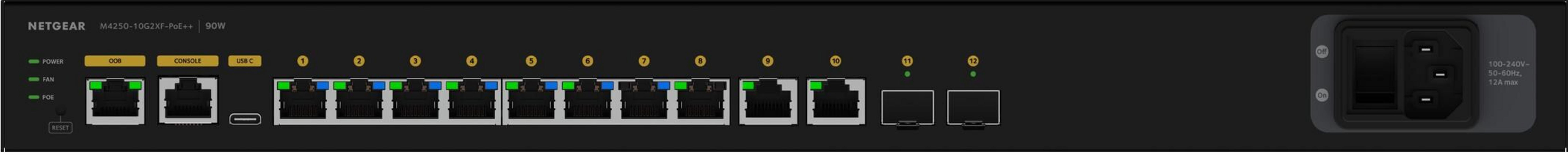 Netgear Netzwerk-Switch Vorderseite mit Ports, Status-LEDs und Netzteilanschluss.