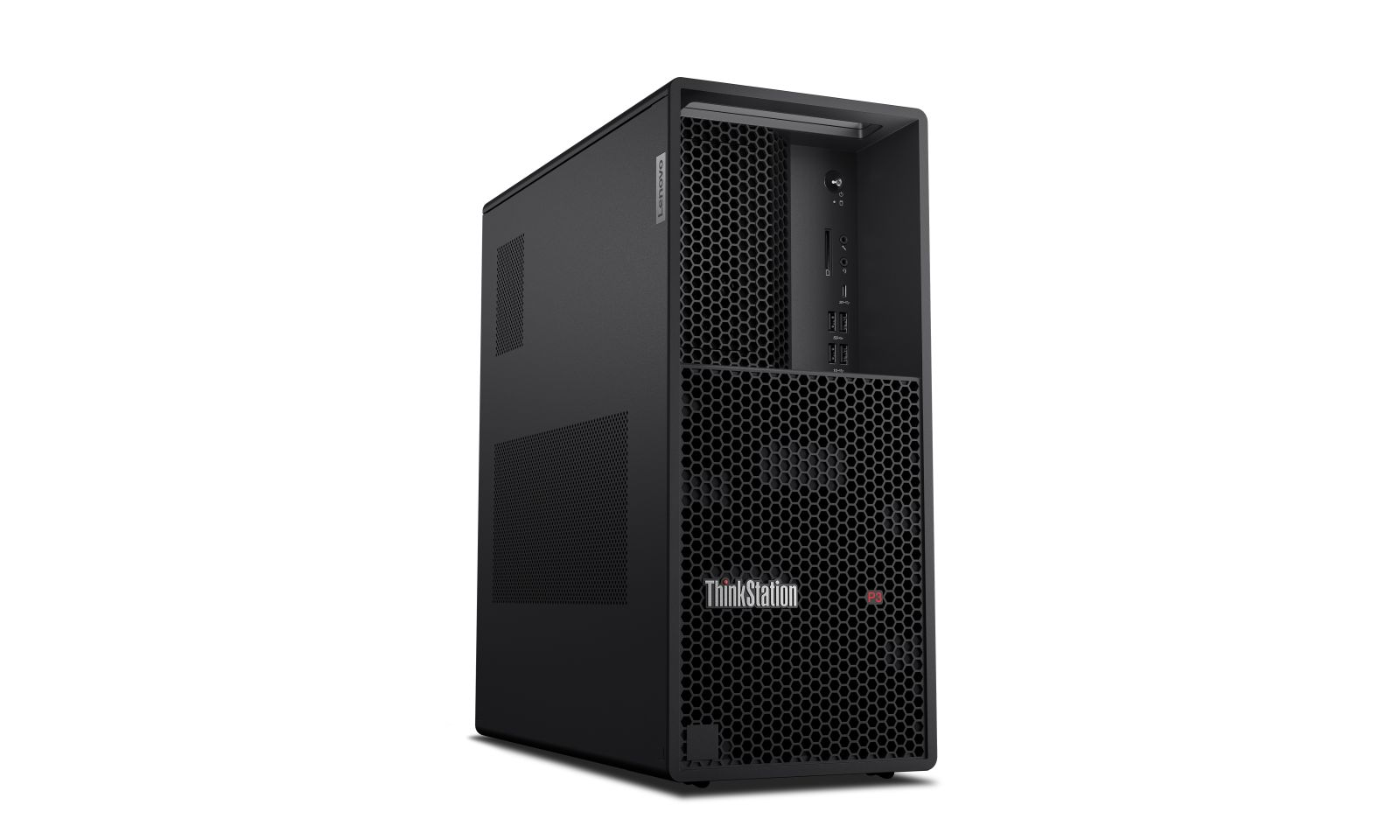 Schwarzer Lenovo ThinkStation P3 Tower-PC mit Wabenfront und USB-Anschlüssen vor weißem Hintergrund.