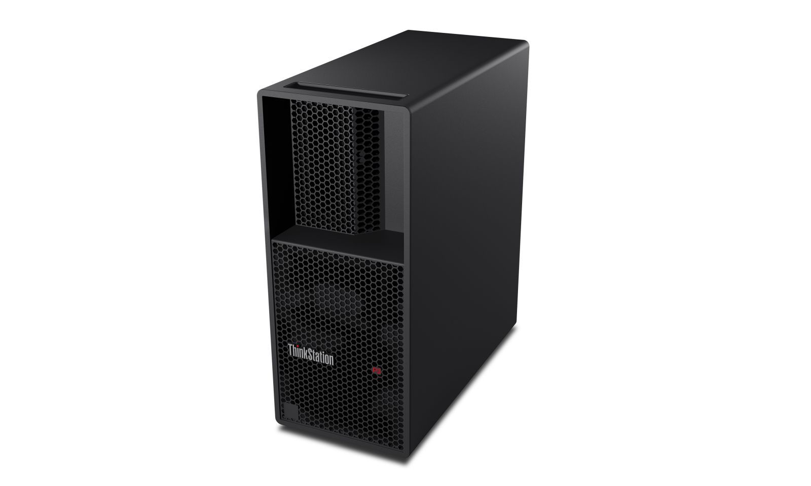 Ein schwarzer ThinkStation Desktop-Computer mit wabenförmigem Lüftungsgitter auf der Vorderseite vor weißem Hintergrund.