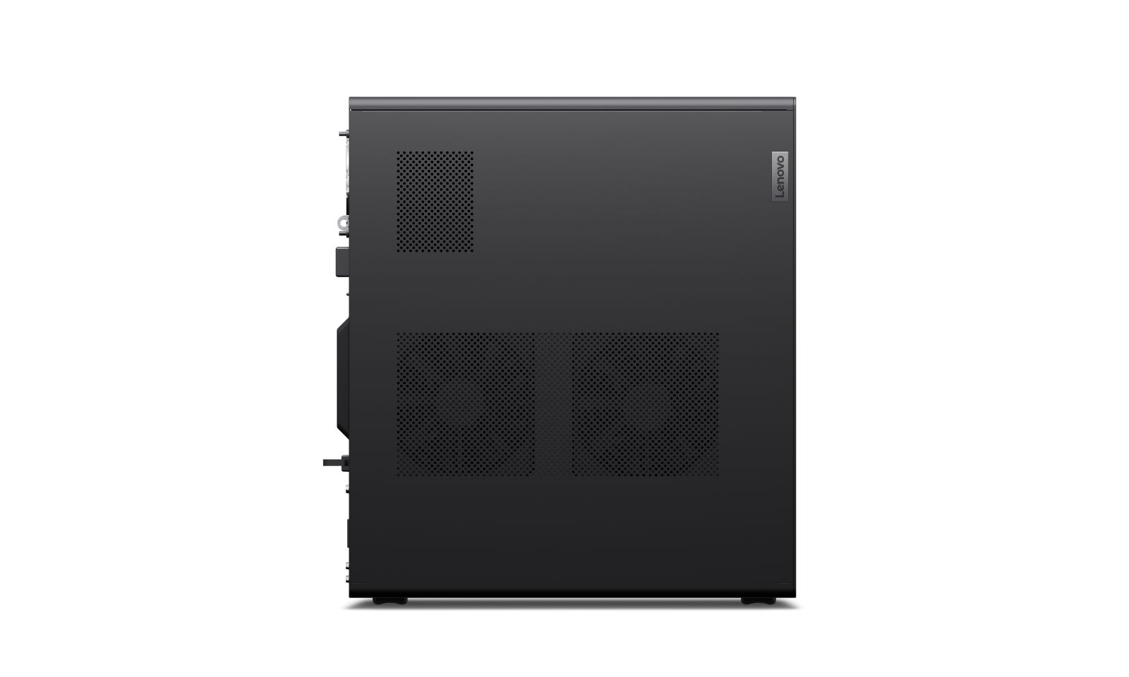 Schwarzes Lenovo Desktop-PC-Gehäuse mit seitlichen Lüftungsgittern auf weißem Hintergrund.