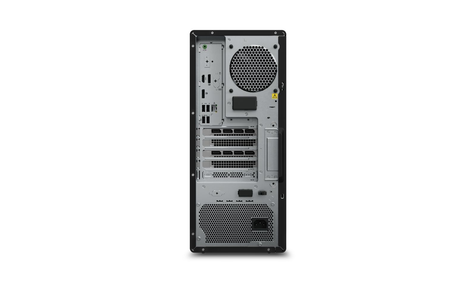 Rückseite eines schwarzen Desktop-Computers mit Anschlüssen und Lüftungsgittern auf grauem Hintergrund.