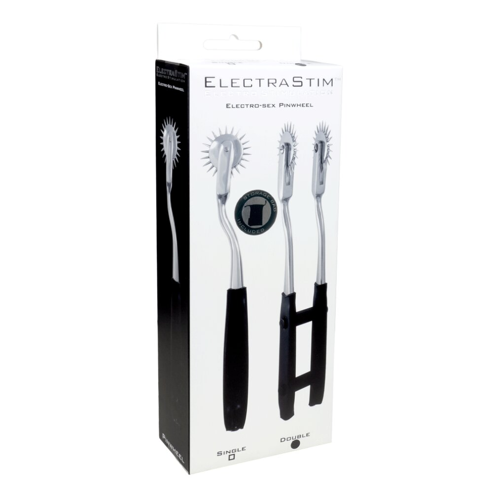 Weiße Produktverpackung für ElectraStim Elektro-Sex Pinwheel mit Abbildungen von Single- und Double-Modellen.