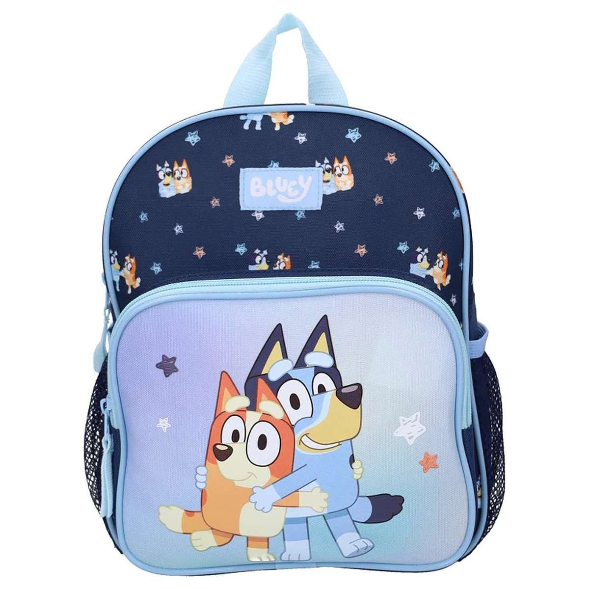 Mochila de Bluey y Bingo con parte superior azul oscura, bolsillo frontal azul claro y patrón de estrellas.
