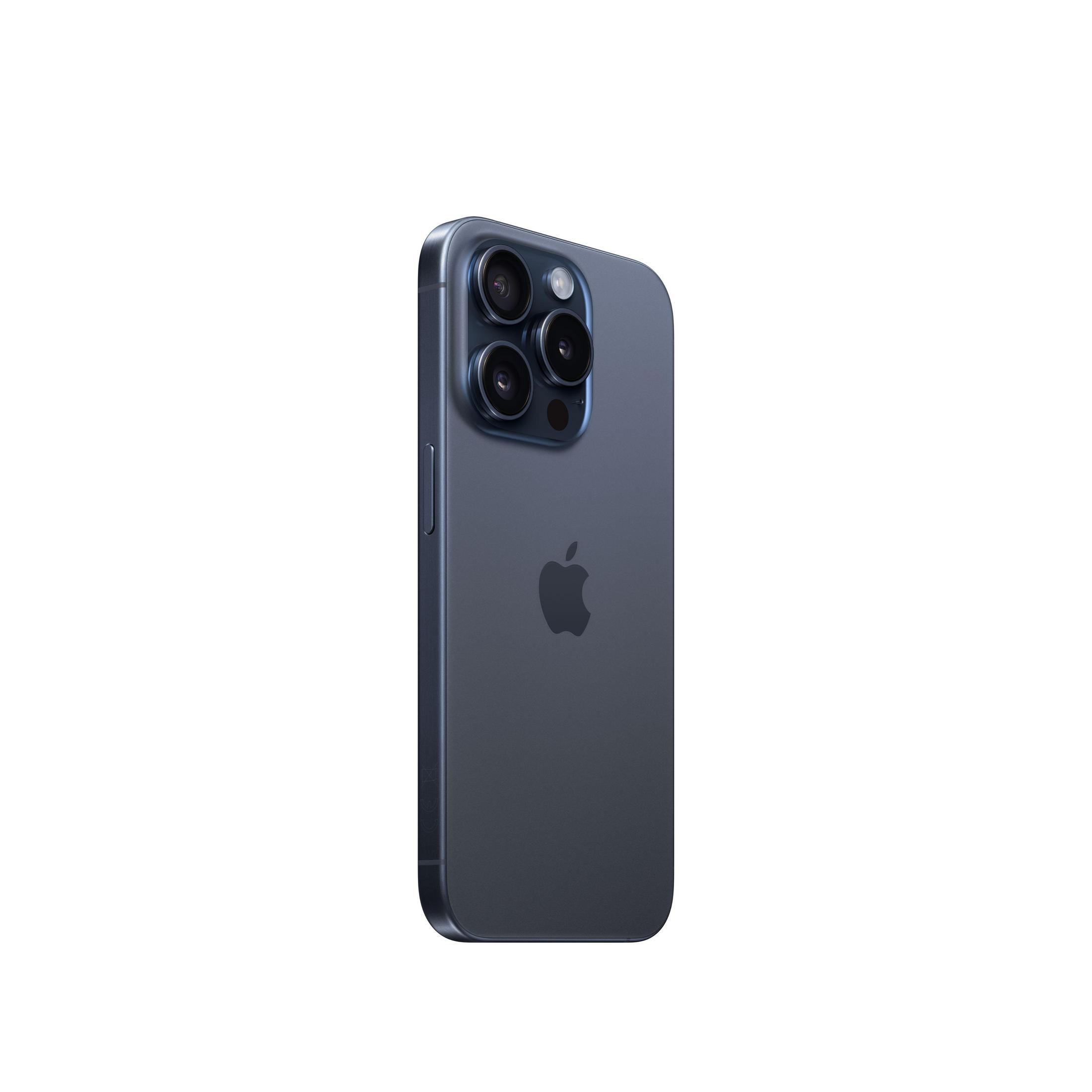 Rückseite eines blauen Smartphones mit dreifacher Kameralinse und Apple-Logo.
