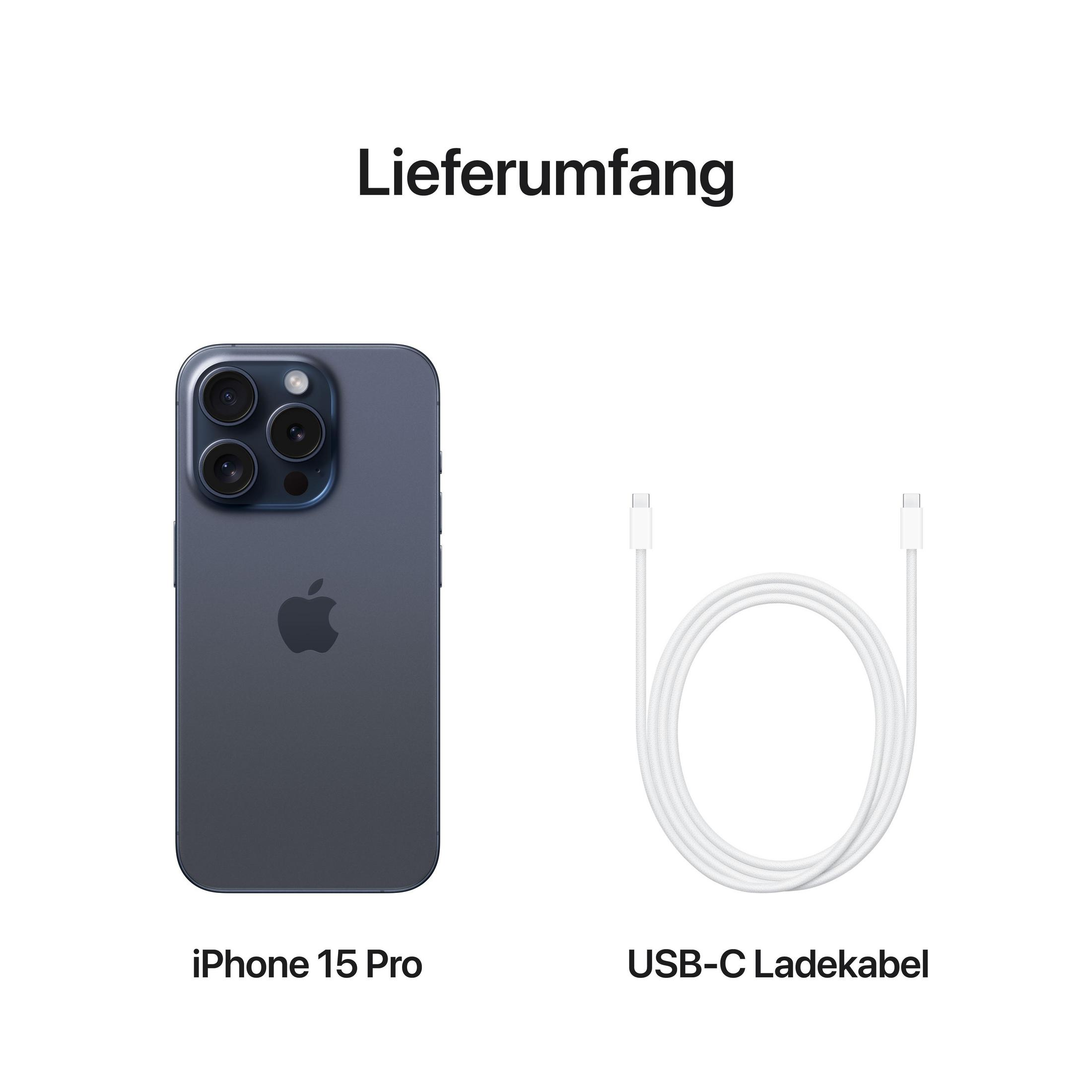 Lieferumfang: Ein graues iPhone 15 Pro und ein weißes USB-C Ladekabel auf weißem Hintergrund.