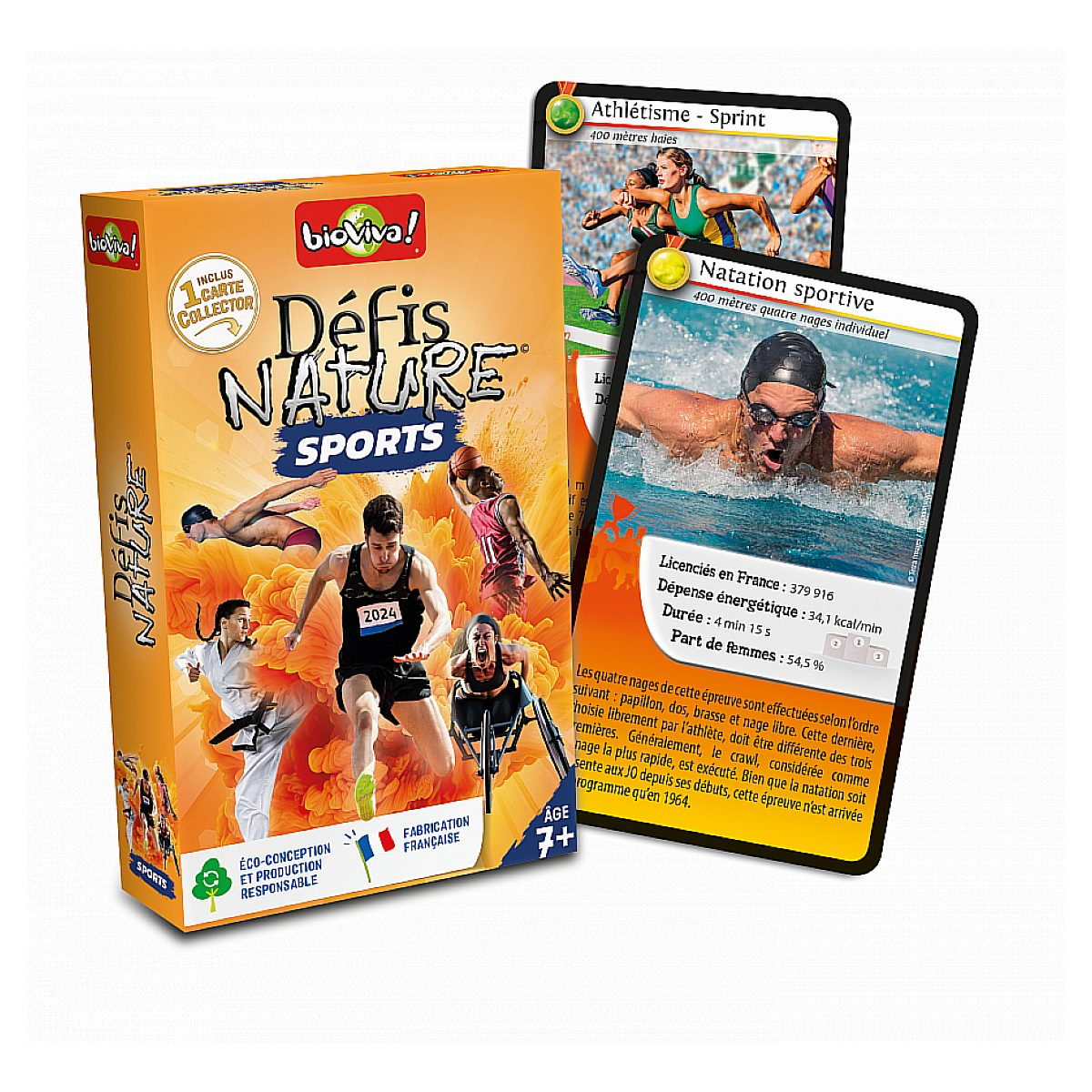 Spielschachtel von Defis Nature Sports mit Bildern verschiedener Sportler und zwei dazugehörigen Spielkarten.