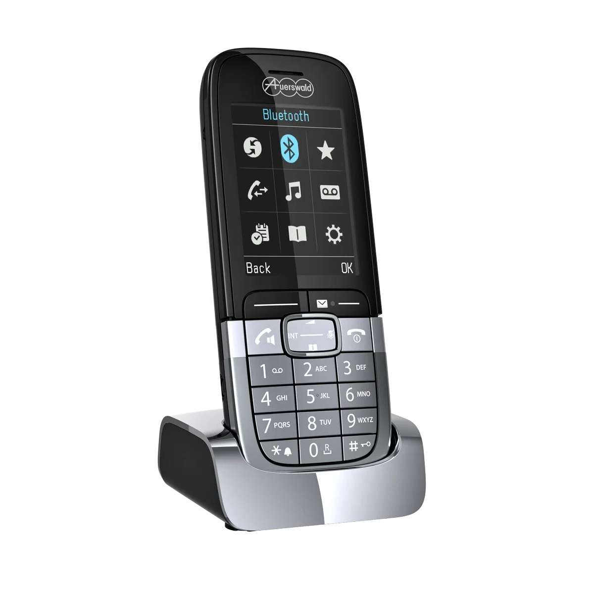 Un telefono cordless nero con display a colori in una base di ricarica argentata.