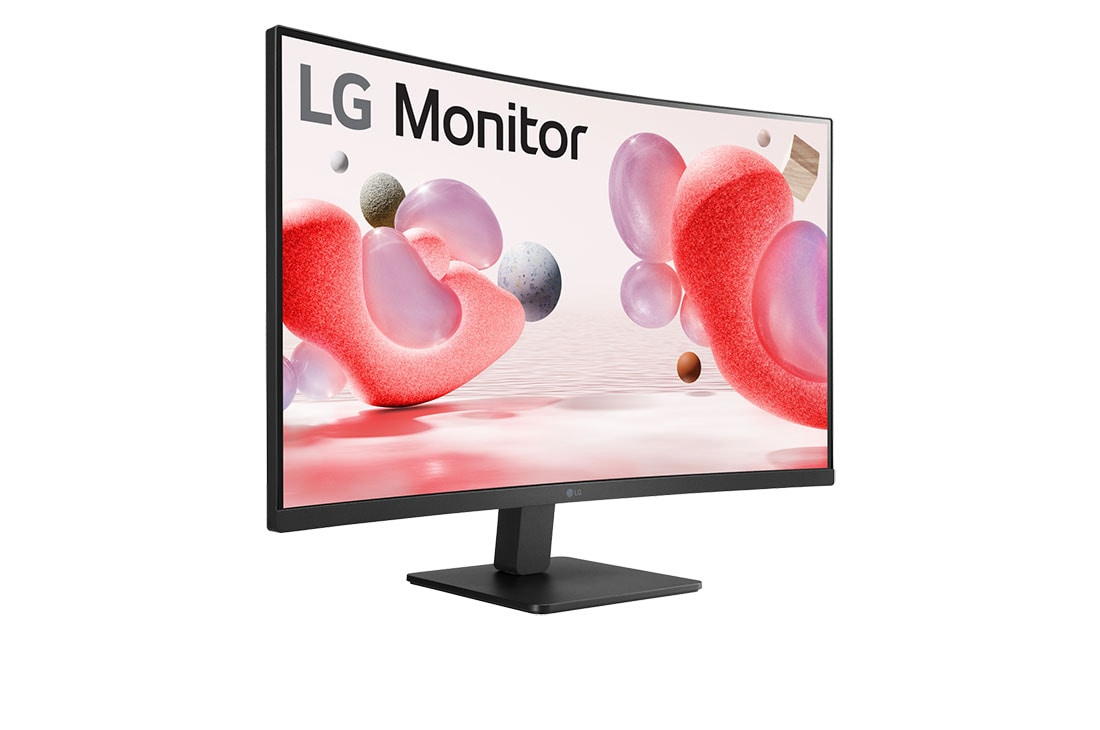 Zakrzywiony monitor LG na podstawce wyświetlający abstrakcyjną różowo-fioletową grafikę z napisem LG Monitor.
