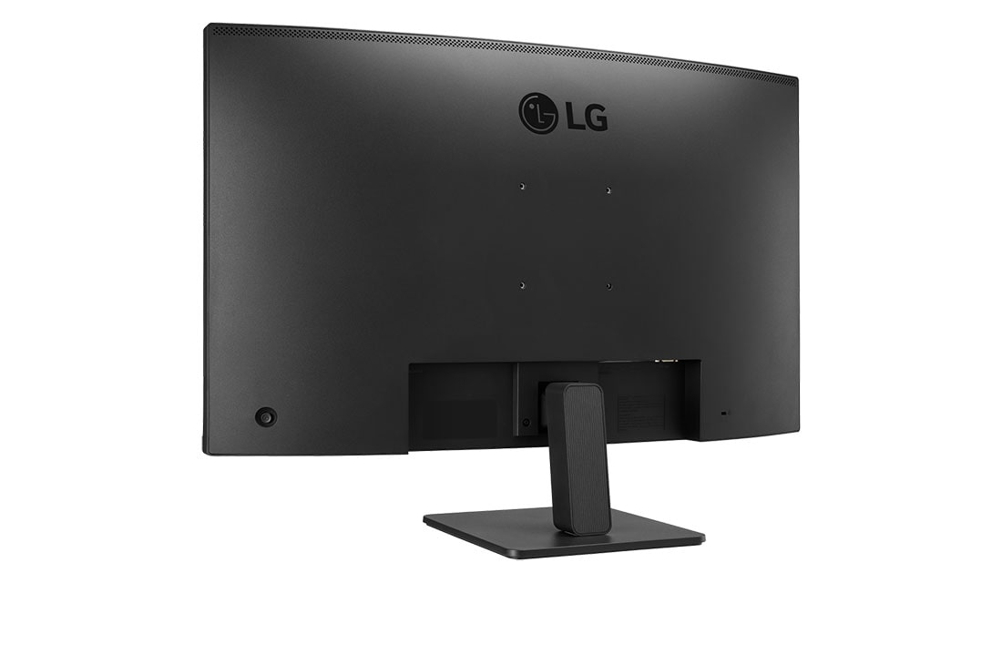 Widok z tyłu czarnego monitora LG z podstawą na białym tle.