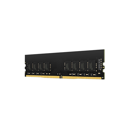 Un modulo di memoria RAM nero con otto chip quadrati su un circuito stampato nero con connettori dorati.