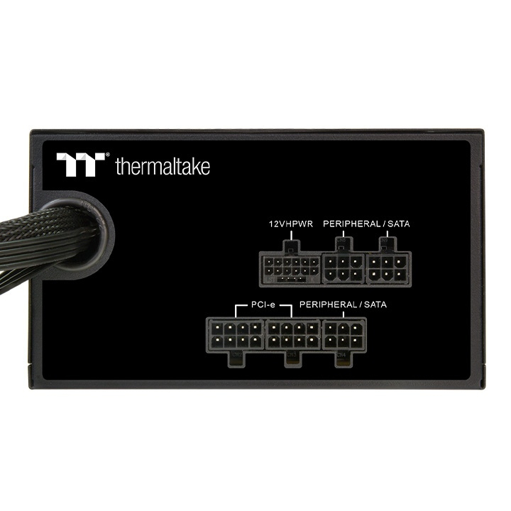 Rear panel of a black Thermaltake power supply unit with labeled connectors.