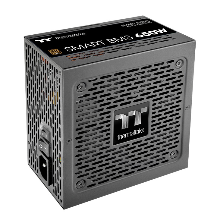 Thermaltake Smart BM3 650W computer power supply in black housing with ventilation grille and logo.