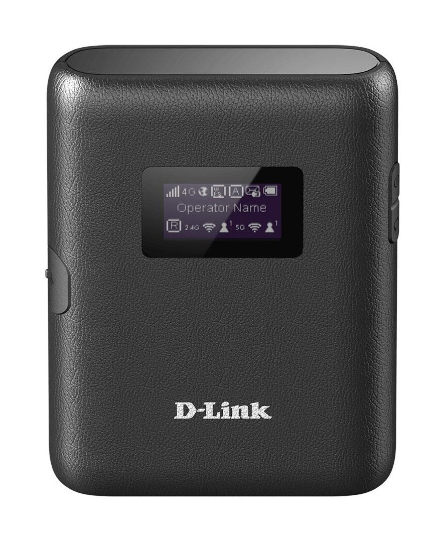 Black D-Link wireless router with a leather texture, small LCD screen, and status icons on a white background.