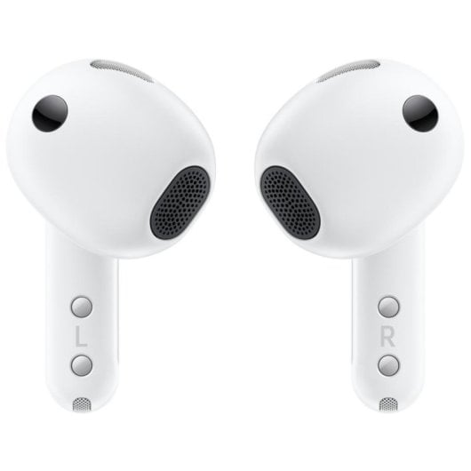 Two white wireless earbuds with stems, grey speaker grills, and buttons, labeled with L and R against a plain background.