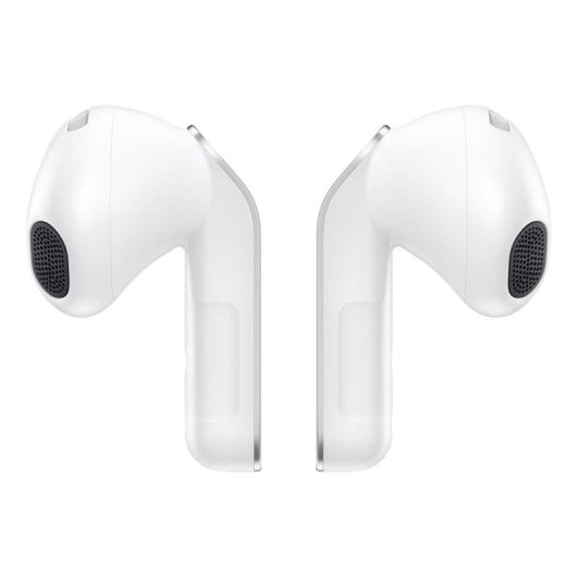 Two white wireless earbuds with dark speaker grilles shown against a plain white background.