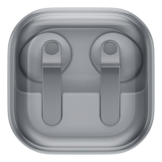 Top-down view of gray wireless earbuds stored inside their matching square charging case.