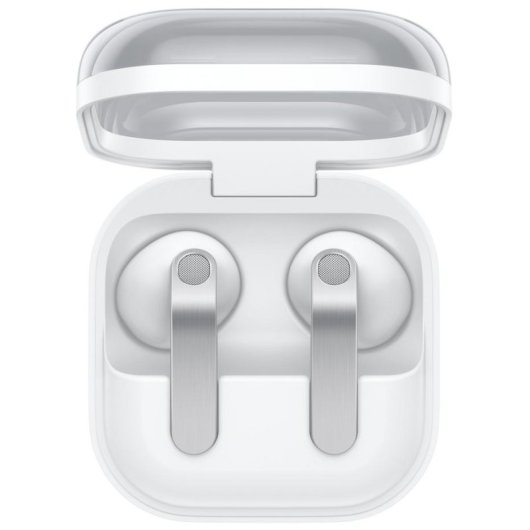 White wireless in-ear headphones inside an open charging case with silver accents.