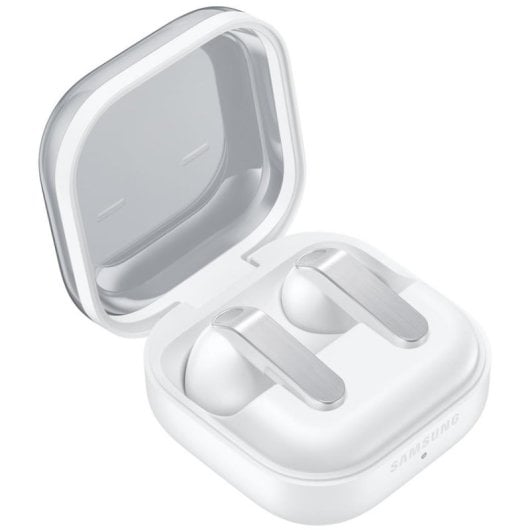 Open white charging case containing two wireless earbuds with silver accents against a light background.
