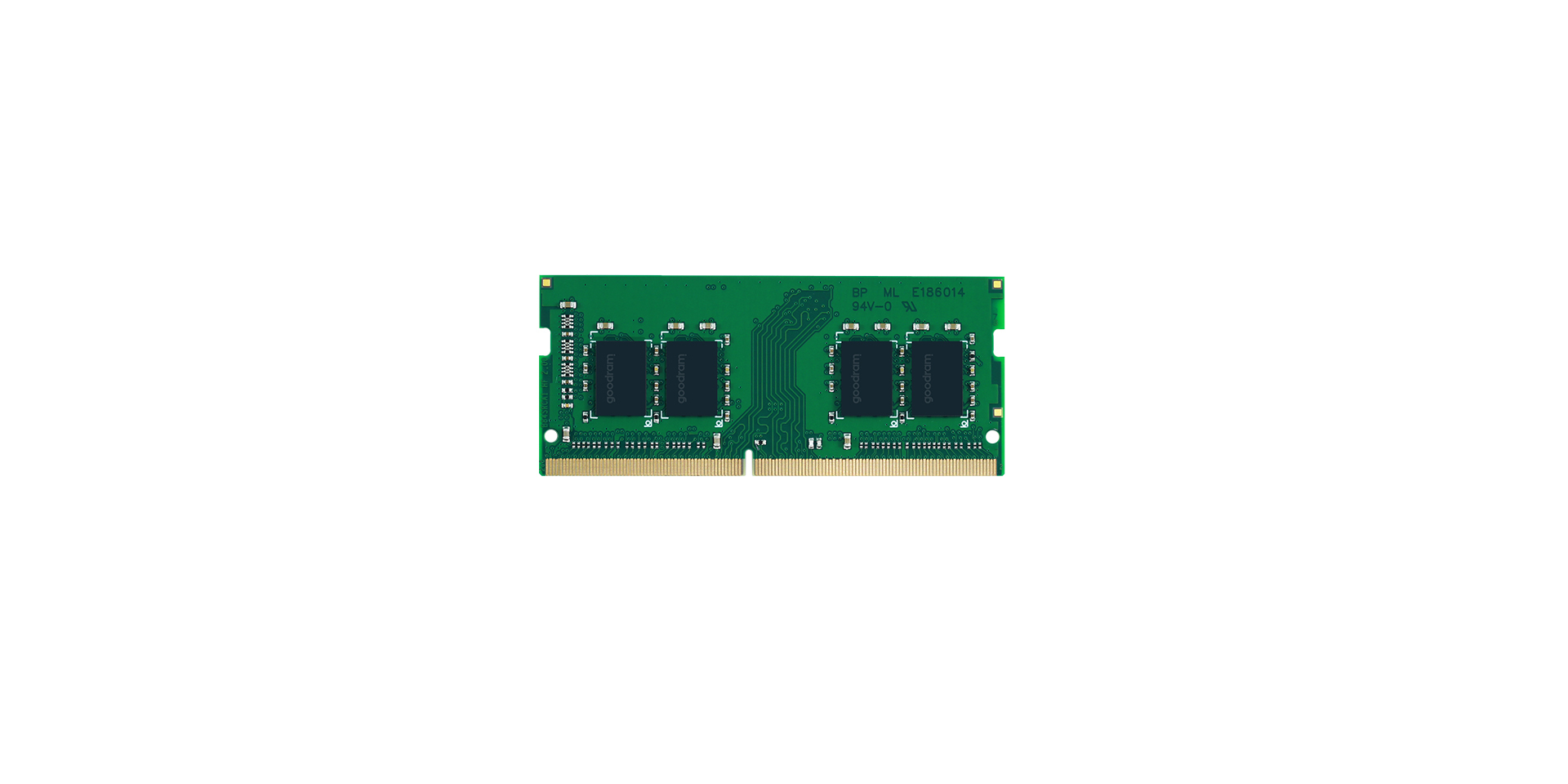 Groene laptop RAM-geheugenstick met vier zwarte chips en gouden contacten.