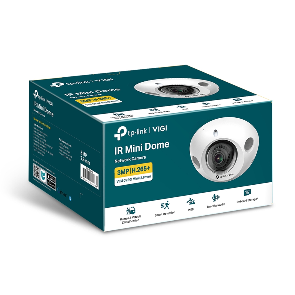 Morskie pudełko produktu z kamerą sieciową TP-Link VIGI IR Mini Dome oraz ikonami funkcji.