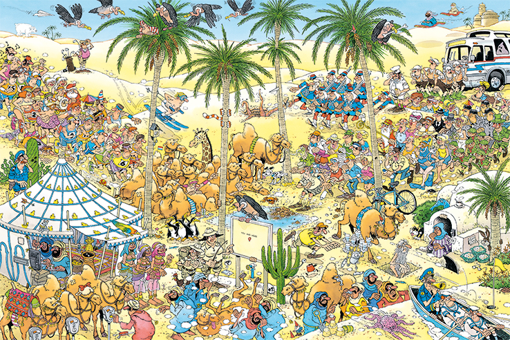 A bustling desert cartoon scene with many characters, camels, palm trees, a white tent, and a bus.