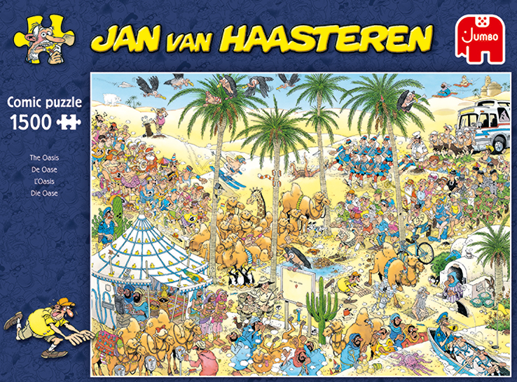 A Jan van Haasteren comic puzzle showing a lively desert oasis scene with many humorous characters.