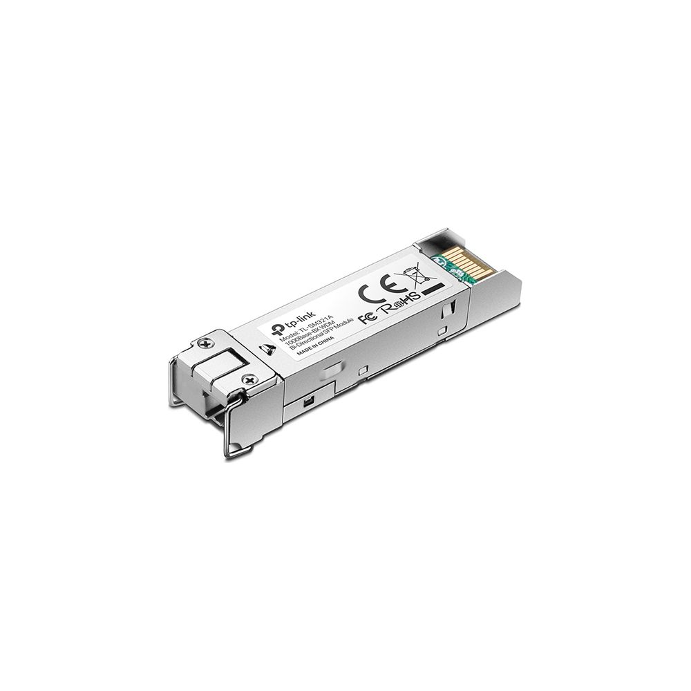 Srebrny moduł transceivera SFP TP-Link na białym tle.