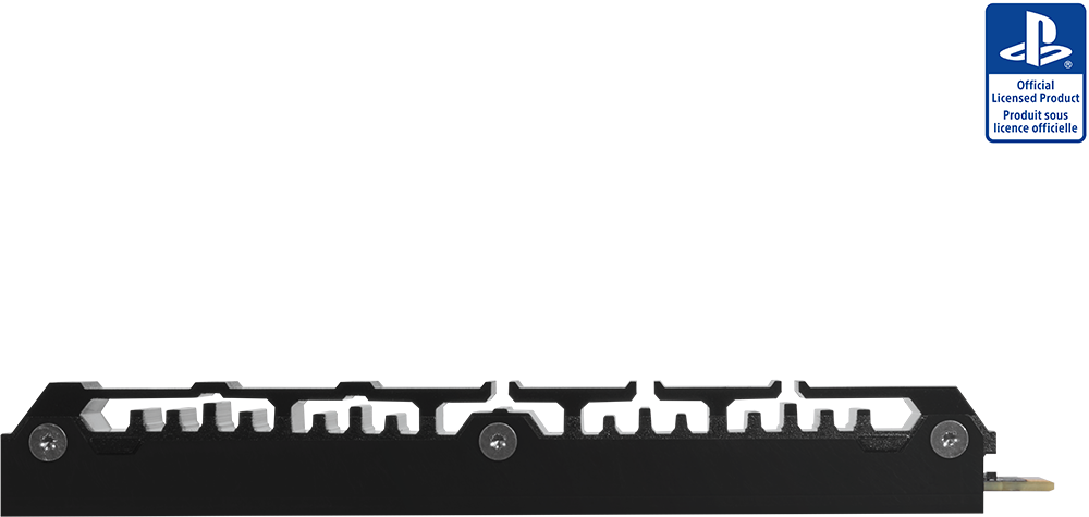 Schwarzer SSD-Kühlkörper mit integrierten Lamellen und Schrauben, inklusive PlayStation-Lizenzlogo.
