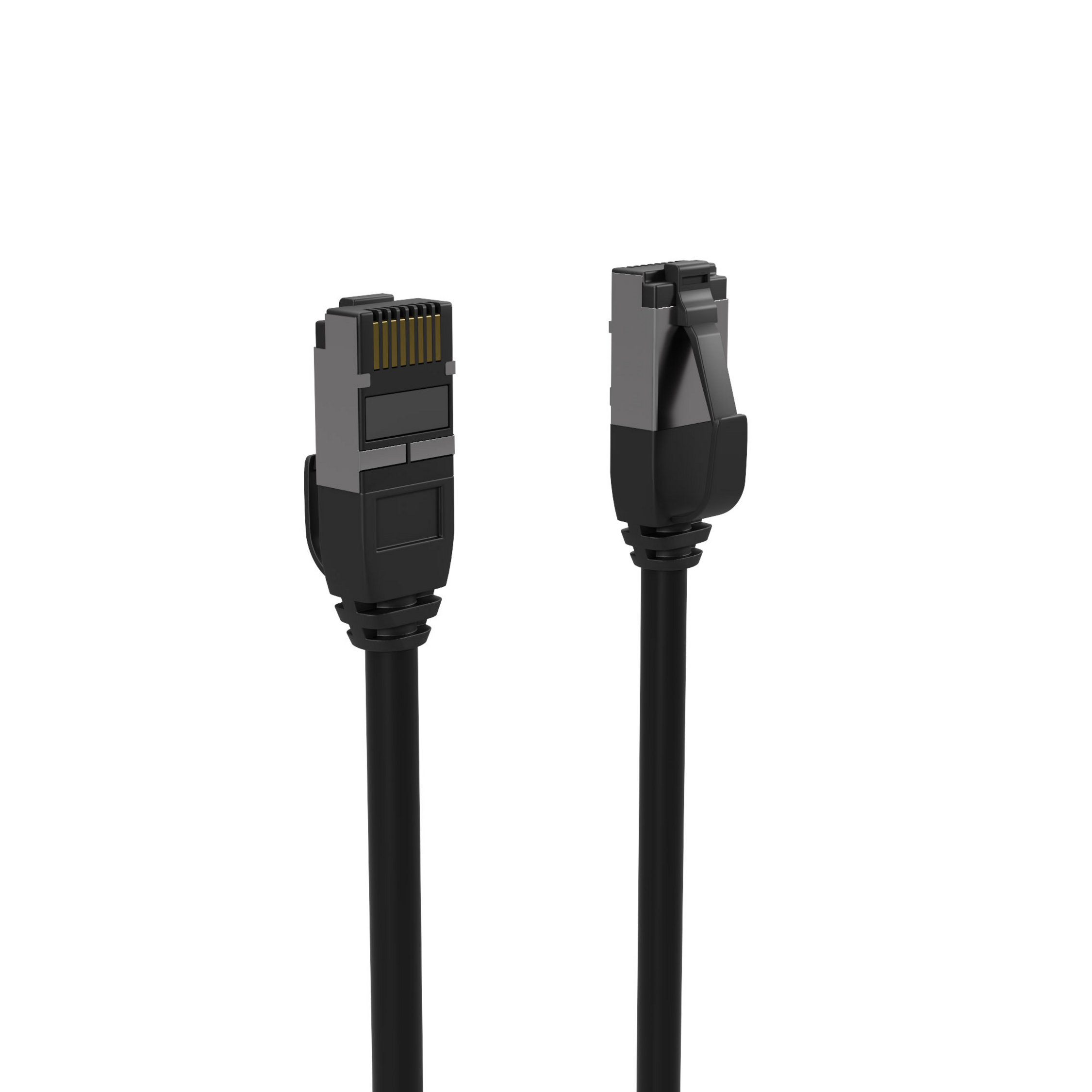 Zwei schwarze RJ45-Netzwerkkabel mit grauen Metallsteckern auf weißem Hintergrund.