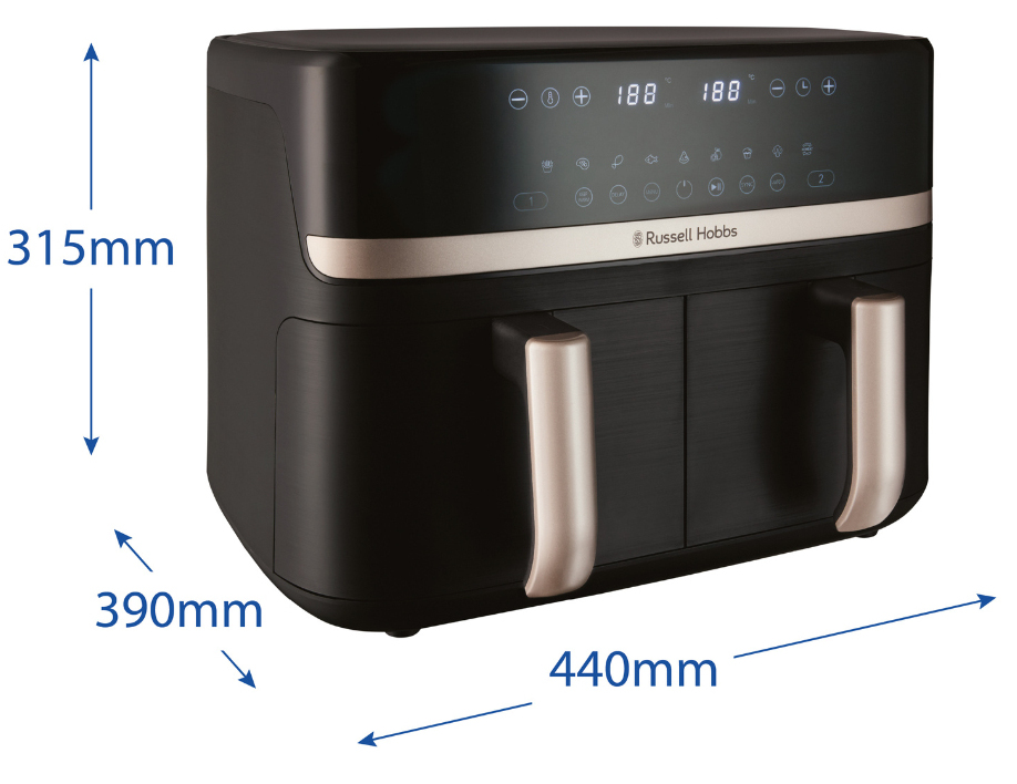 Schwarze Russell Hobbs Heißluftfritteuse mit zwei Körben, Touch-Display und Maßangaben in Millimetern.