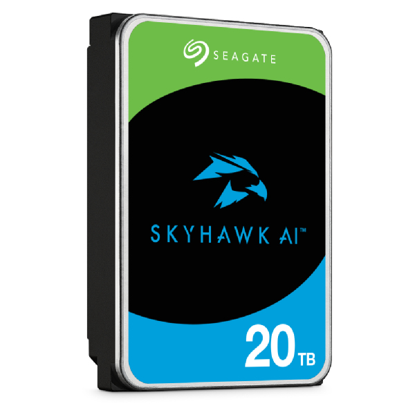Seagate SkyHawk AI 20 TB hard drive in black and blue with a white border.