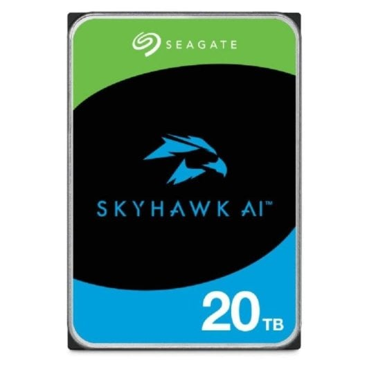 Seagate SkyHawk AI 20TB hard drive label with a blue bird logo and black center on a green and blue background.
