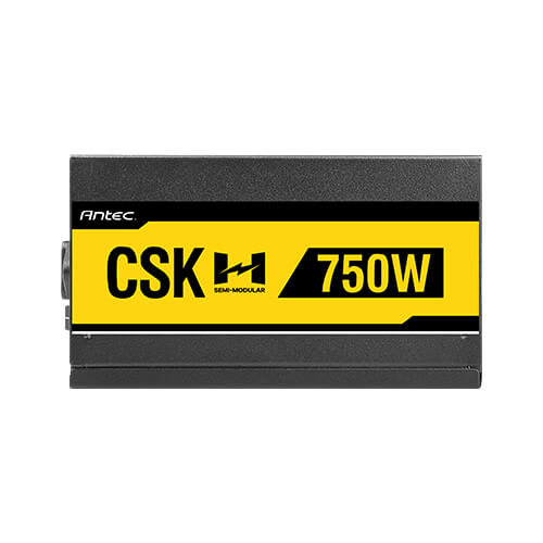Un bloc d'alimentation noir Antec CSK 750W avec une étiquette jaune et noire sur fond blanc.