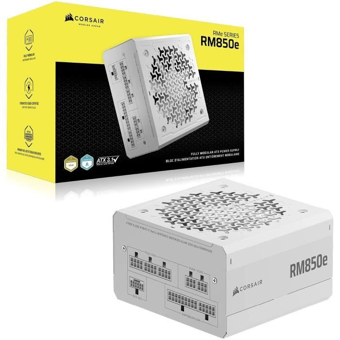 Weißes Corsair RM850e Netzteil vor seiner gelb-schwarzen Verpackung.
