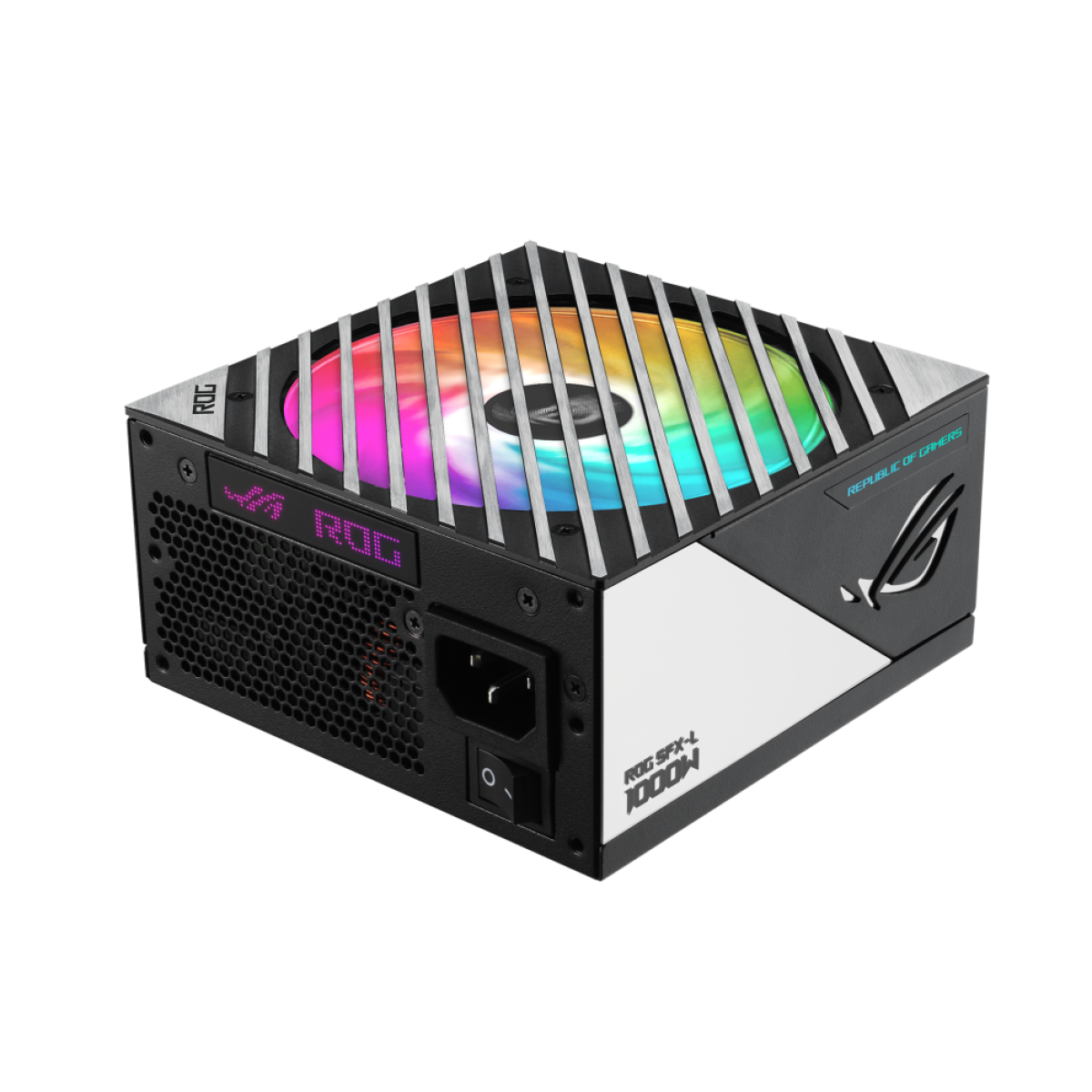 Black ROG 1000W PC power supply with colorful RGB fans and a silver frame on a white background.